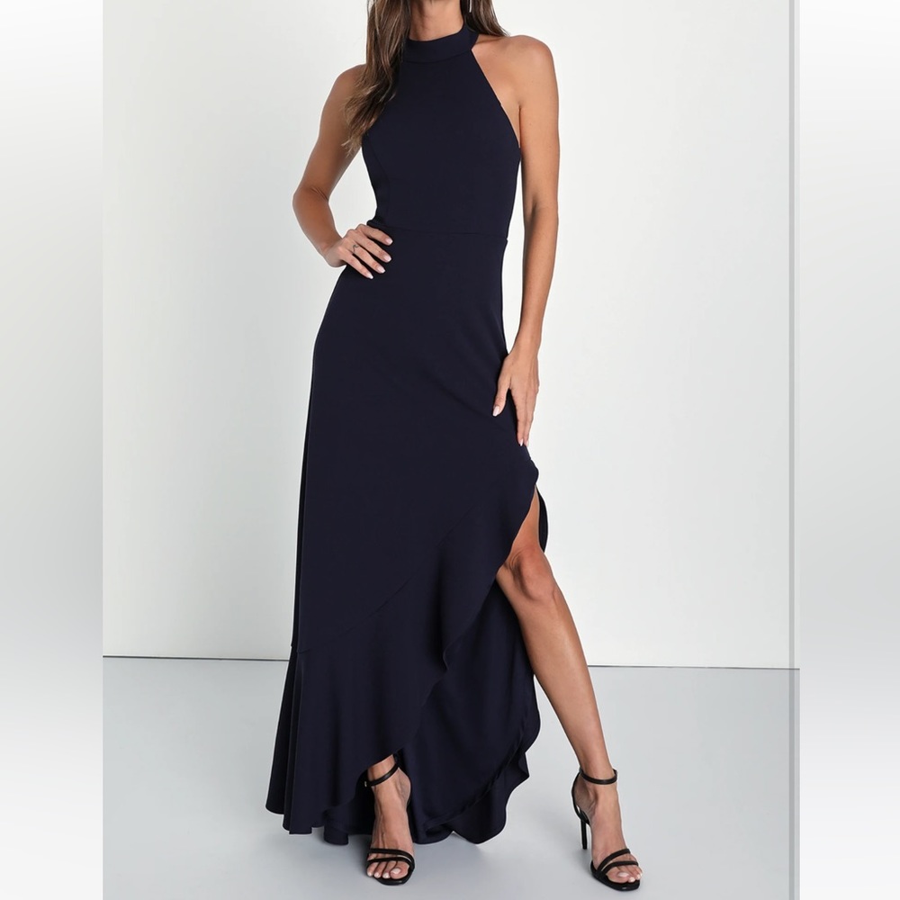 Navy Blue Ruffled Halter Maxi Dress XS